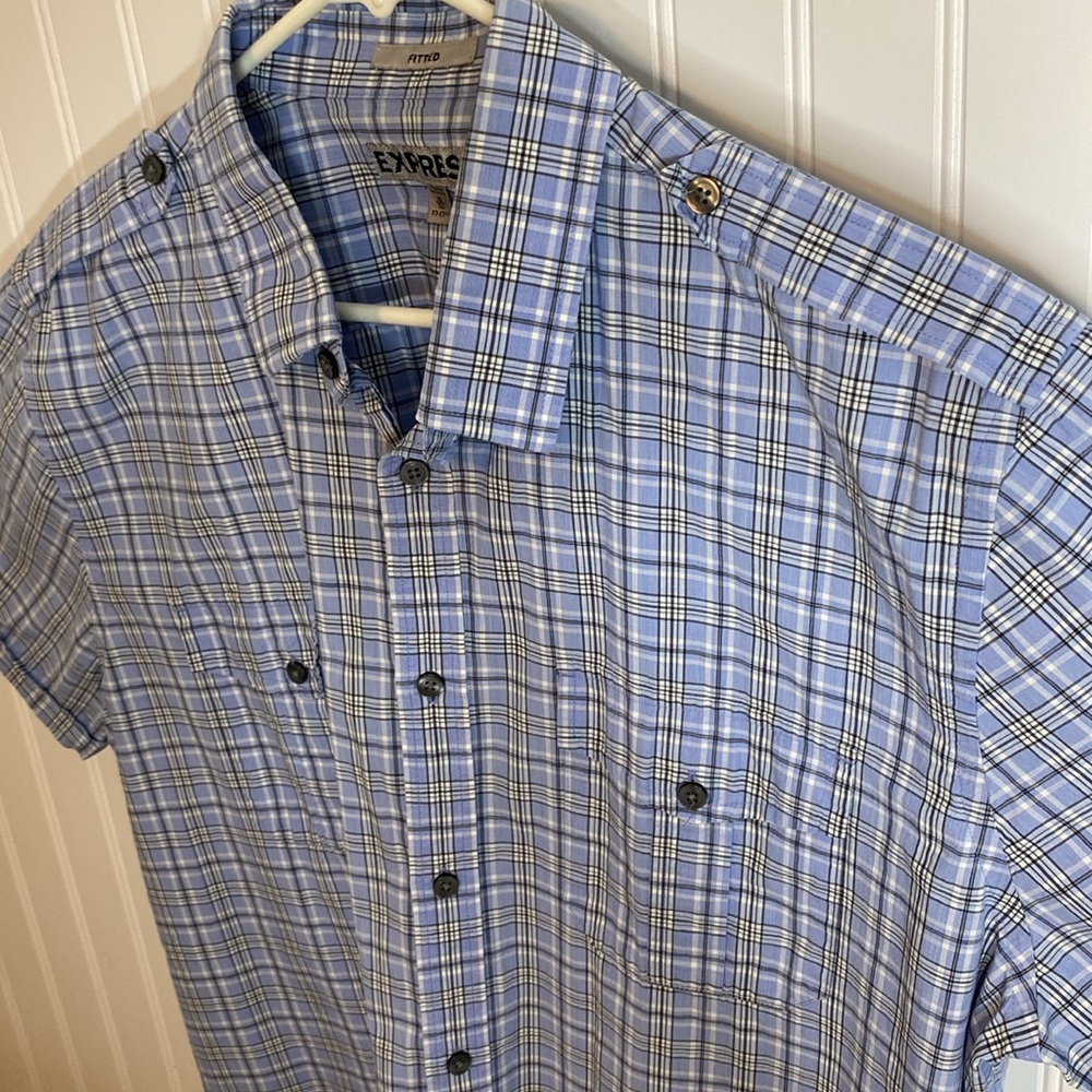 Express Men's Blue Plaid Short Sleeve Shirt size XL 17-17 1/2